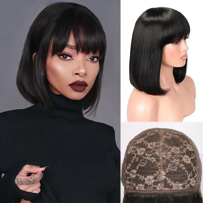200 Density, Machine Made Bob Wig, Women'S Short Bob Wig with Bangs - Natural Black Machine Made Brazilian Human Hair - Glueless Wig 3 Seconds To Wear, Short Bob Human Hair Wig, Elegant Look Fit Natural Human Hair Wig